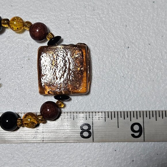 Retro Glass Beaded Necklace Amber Black Brown Square Pendant Boho Jewelry Women - Picture 6 of 6
